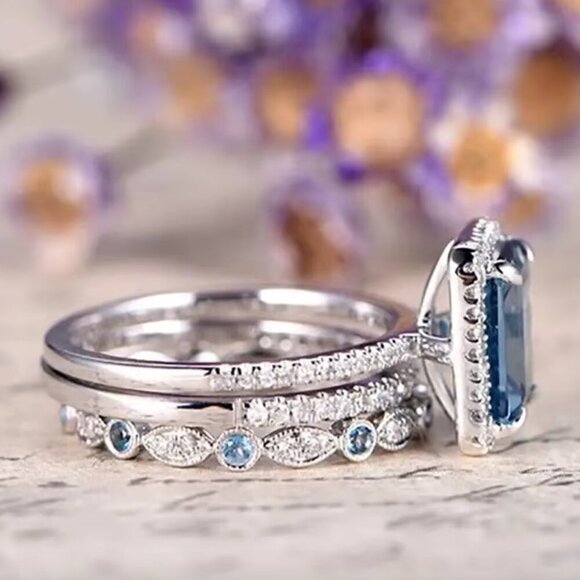 NEW 18k White Gold Blue Topaz Ring Set of 3 Rings Emerald Cut Ring - Picture 5 of 6